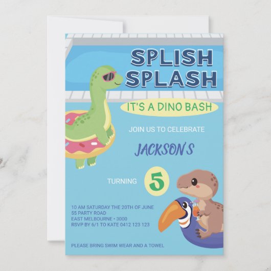 Splish Splash Dino Pool Birthday Kaart (Voorkant)