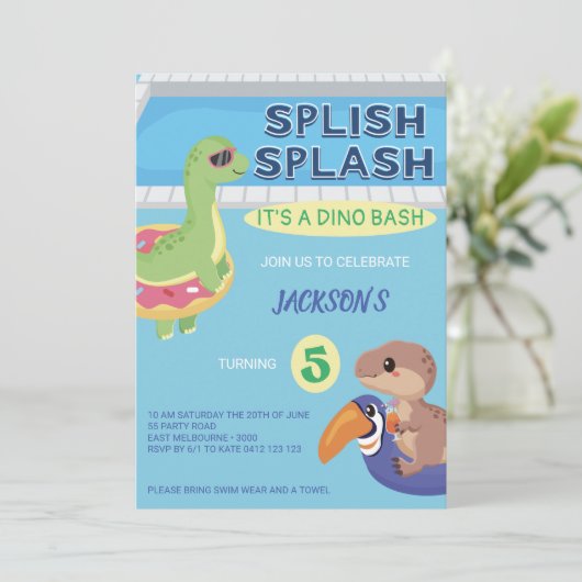 Splish Splash Dino Pool Birthday Kaart (Staand voorkant)