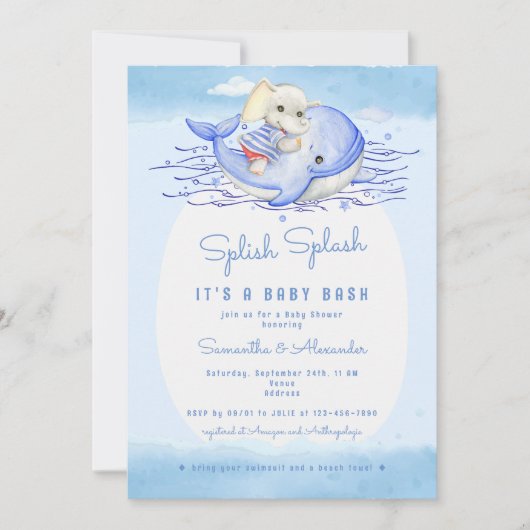 Splish Splash Elephant Boy Pool Party Baby shower Kaart (Voorkant)
