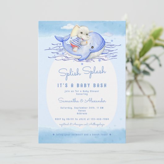 Splish Splash Elephant Boy Pool Party Baby shower Kaart (Staand voorkant)