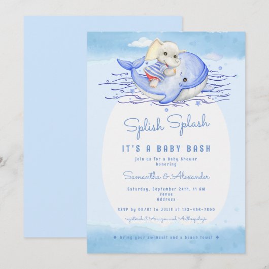Splish Splash Elephant Boy Pool Party Baby shower Kaart (Voorkant / Achterkant)