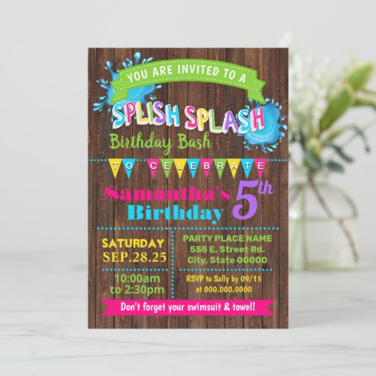 Splish Splash Hot Pink verjaardag zomer bash party Kaart (Staand voorkant)