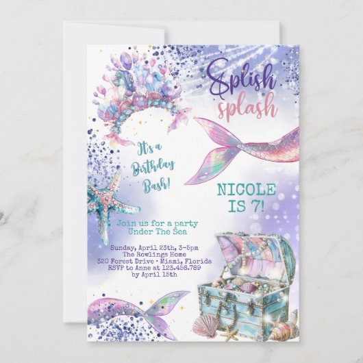 Splish splash magische zeemeermin verjaardag bash kaart (Voorkant)
