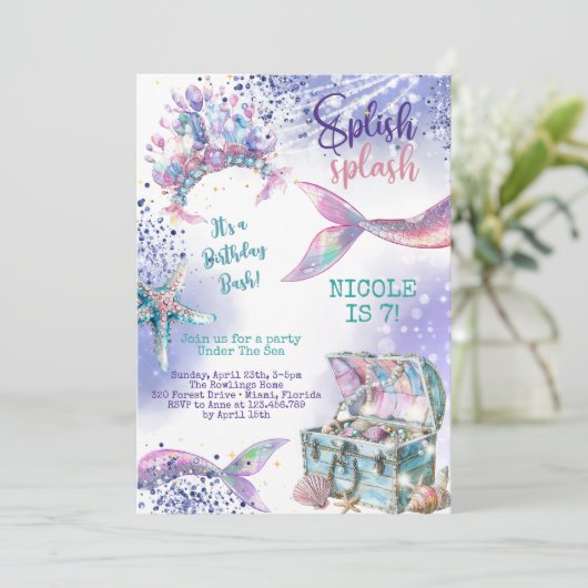 Splish splash magische zeemeermin verjaardag bash kaart (Staand voorkant)