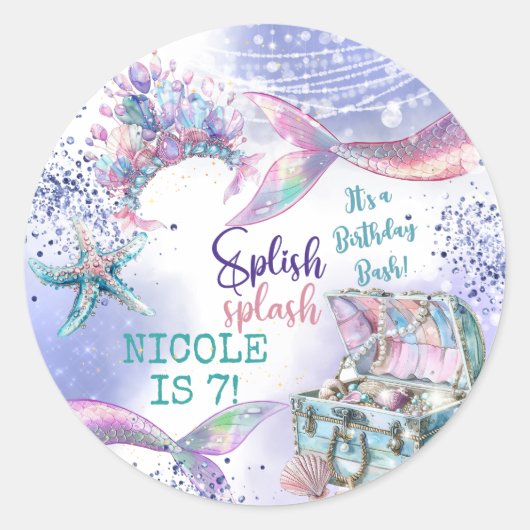 Splish splash magische zeemeermin verjaardag bash ronde sticker (Voorkant)