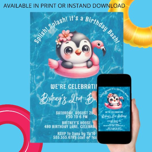 splish splash meisje pinguïn zwembad verjaardagsfe kaart