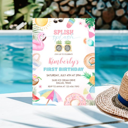 Splish Splash Meisje Zwembad Party Roze Kaart