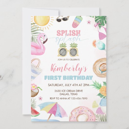 Splish Splash Meisje Zwembad Party Roze Kaart (Voorkant)