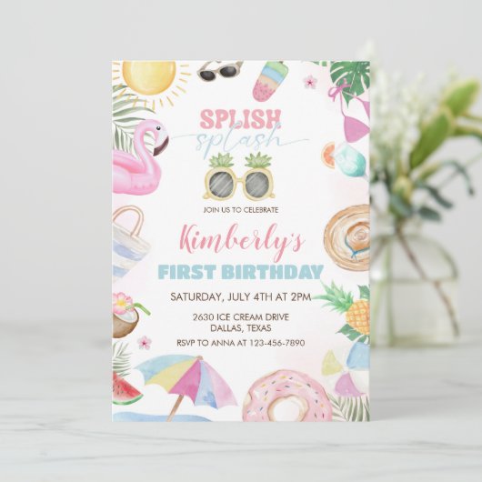 Splish Splash Meisje Zwembad Party Roze Kaart (Staand voorkant)