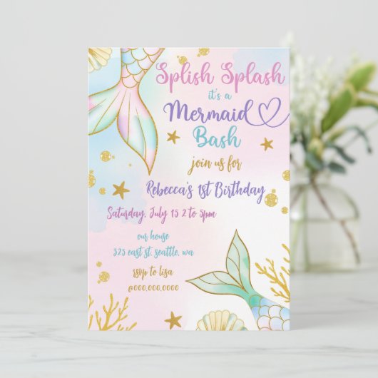 Splish Splash Mermaid Bash Birthday Party Kaart (Staand voorkant)