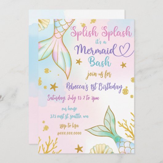 Splish Splash Mermaid Bash Birthday Party Kaart (Voorkant / Achterkant)