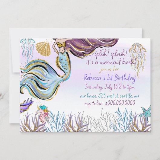 Splish Splash Mermaid Bash Birthday Party Kaart (Voorkant)