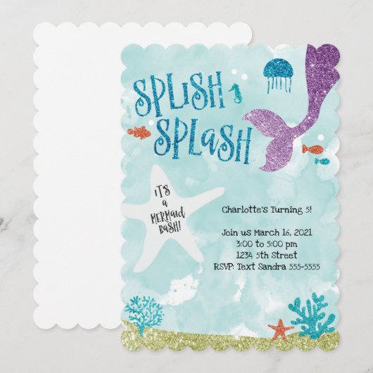 Splish Splash Mermaid Bash Birthday Uitnodiging (Voorkant / Achterkant)