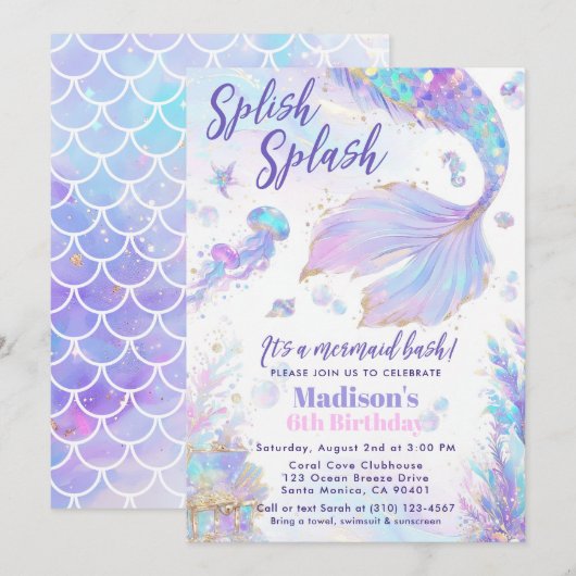 Splish Splash Mermaid Bash Birthday Uitnodiging (Voorkant / Achterkant)