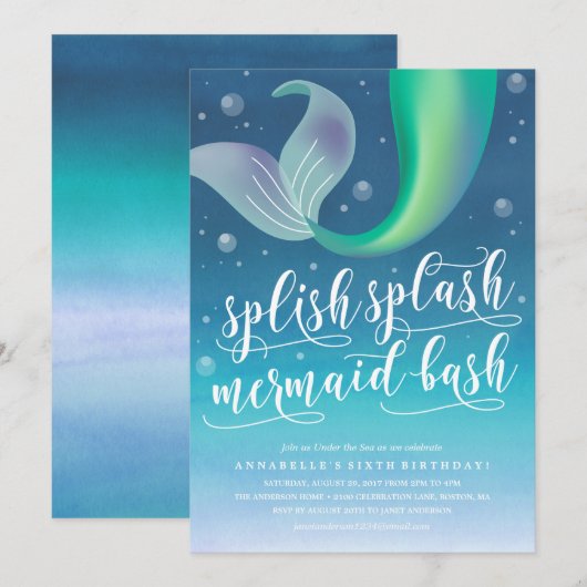 Splish Splash Mermaid Bash Birthday Uitnodiging (Voorkant / Achterkant)