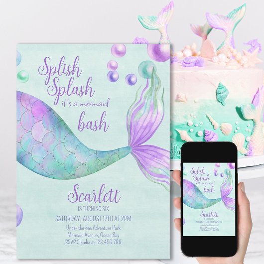 Splish Splash Mermaid Bash Girls Birthday Party Kaart