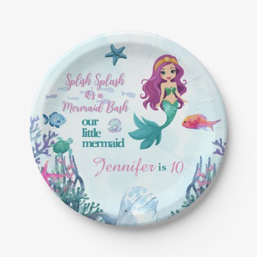 Splish Splash Mermaid Bash Girls Birthday Party Papieren Bordje (Voorkant)