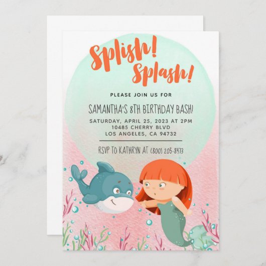 Splish Splash Mermaid Birthday Bash uitnodiging (Voorkant / Achterkant)