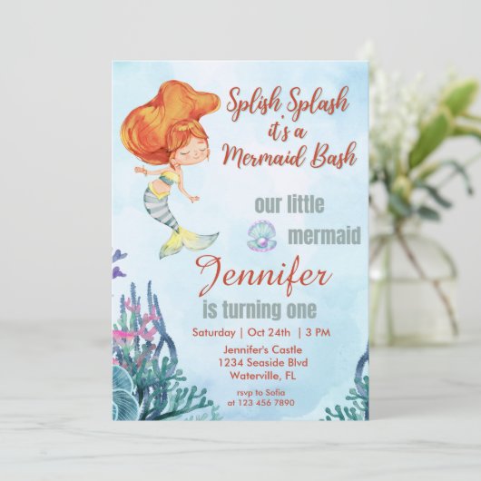 Splish Splash Orang Zeemeermin Bash 1e Verjaardag  Kaart (Staand voorkant)