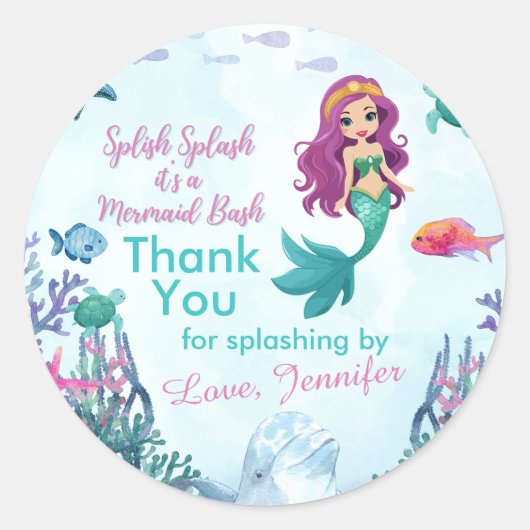 Splish Splash Paarse Zeemeermin Bash Dank u Ronde Sticker (Voorkant)