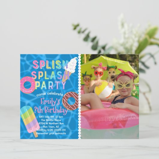 Splish Splash Party L Pool Verjaardag L Desserts Kaart (Staand voorkant)