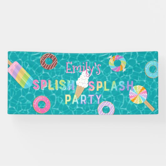 Splish Splash Party L Pool Verjaardag L Desserts Spandoek (Horizontaal)