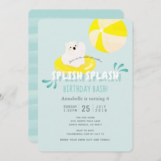 Splish Splash Polar Beer Blue Birthday Invitation Kaart (Voorkant / Achterkant)