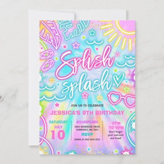 Splish Splash Pool Birthday Party Tie Dye Glow Kaart (Voorkant)