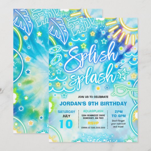 Splish Splash Pool Birthday Party Tie Dye Glow Kaart (Voorkant / Achterkant)