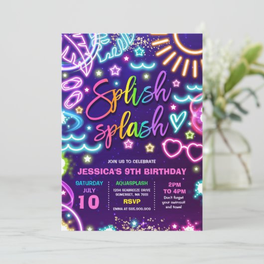 Splish Splash Pool Birthday Party Tie Dye Glow Kaart (Staand voorkant)