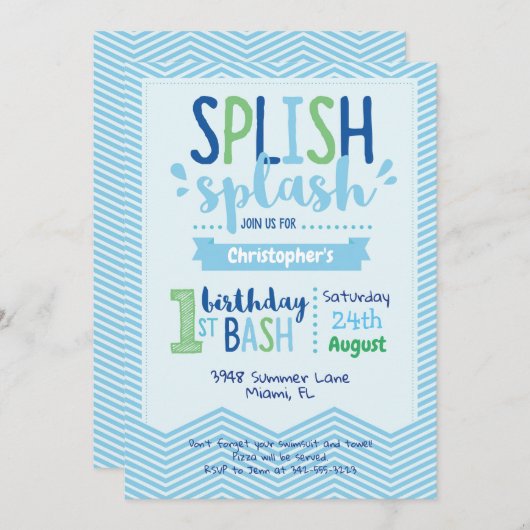 Splish Splash Pool Party 1st Birthday Uitnodiging (Voorkant / Achterkant)