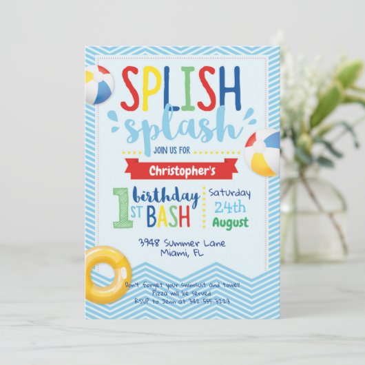 Splish Splash Pool Party 1st Birthday Uitnodiging (Staand voorkant)
