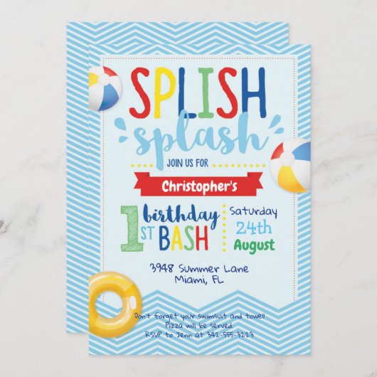 Splish Splash Pool Party 1st Birthday Uitnodiging (Voorkant / Achterkant)
