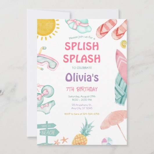 Splish Splash Pool Party Bash Meisje Roze Verjaard Kaart (Voorkant)