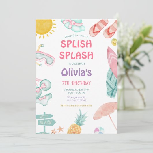 Splish Splash Pool Party Bash Meisje Roze Verjaard Kaart (Staand voorkant)