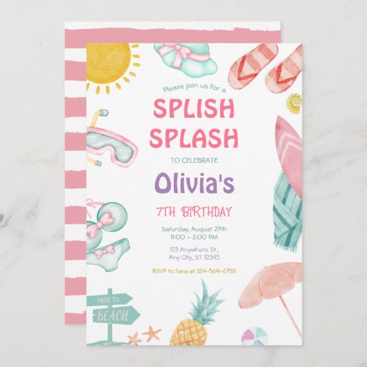 Splish Splash Pool Party Bash Meisje Roze Verjaard Kaart (Voorkant / Achterkant)