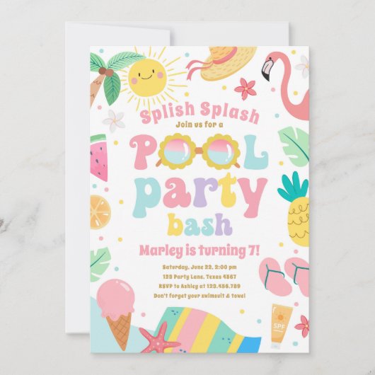 Splish Splash Pool Party Bash Meisje Roze Verjaard Kaart (Voorkant)