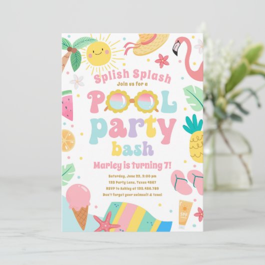 Splish Splash Pool Party Bash Meisje Roze Verjaard Kaart (Staand voorkant)
