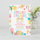 Splish Splash Pool Party Bash Meisje Roze Verjaard Kaart (Staand voorkant)