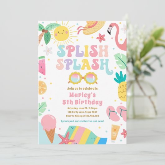 Splish Splash Pool Party Bash Meisje Roze Verjaard Kaart (Staand voorkant)