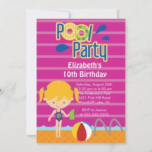 Splish Splash Pool Party Birthday Invitation girl Kaart (Voorkant)