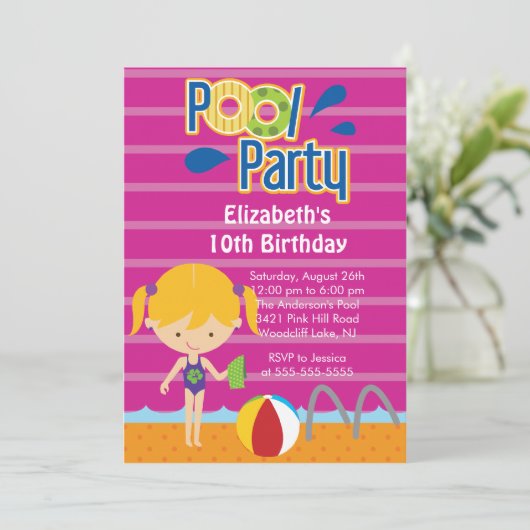 Splish Splash Pool Party Birthday Invitation girl Kaart (Staand voorkant)