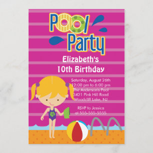 Splish Splash Pool Party Birthday Invitation girl Kaart