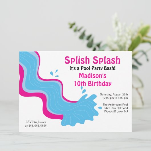 Splish Splash Pool Party Birthday Invitation Kaart (Staand voorkant)