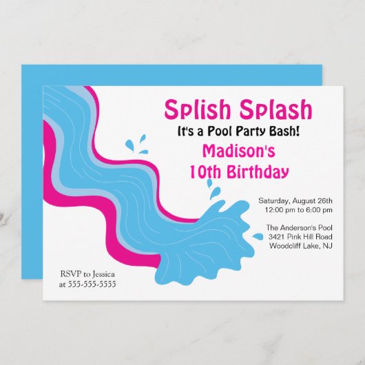 Splish Splash Pool Party Birthday Invitation Kaart (Voorkant / Achterkant)