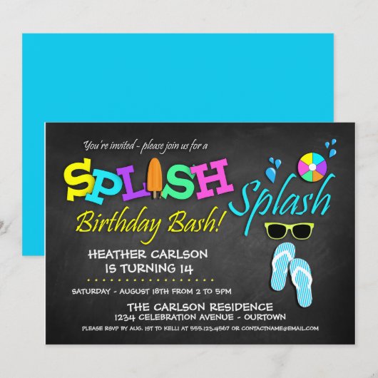 Splish Splash Pool Party Birthday Invitations Kaart (Voorkant / Achterkant)