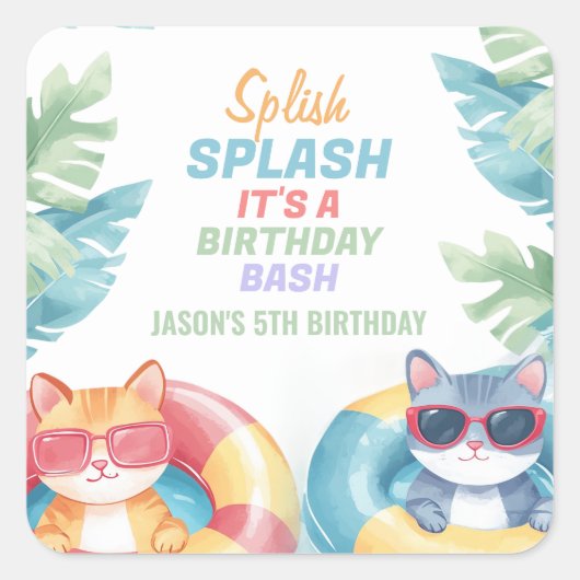 Splish Splash Pool Party Birthday Vierkante Sticker (Voorkant)