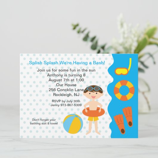 Splish Splash Pool Party Boys Birthday Uitnodiging (Staand voorkant)