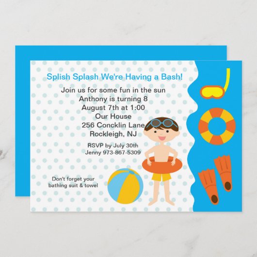 Splish Splash Pool Party Boys Birthday Uitnodiging (Voorkant / Achterkant)