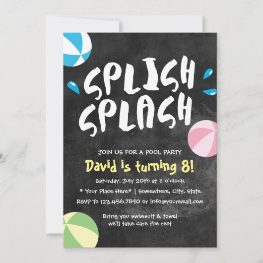Splish Splash Pool Party Chalkboard Birthday Kaart (Voorkant)